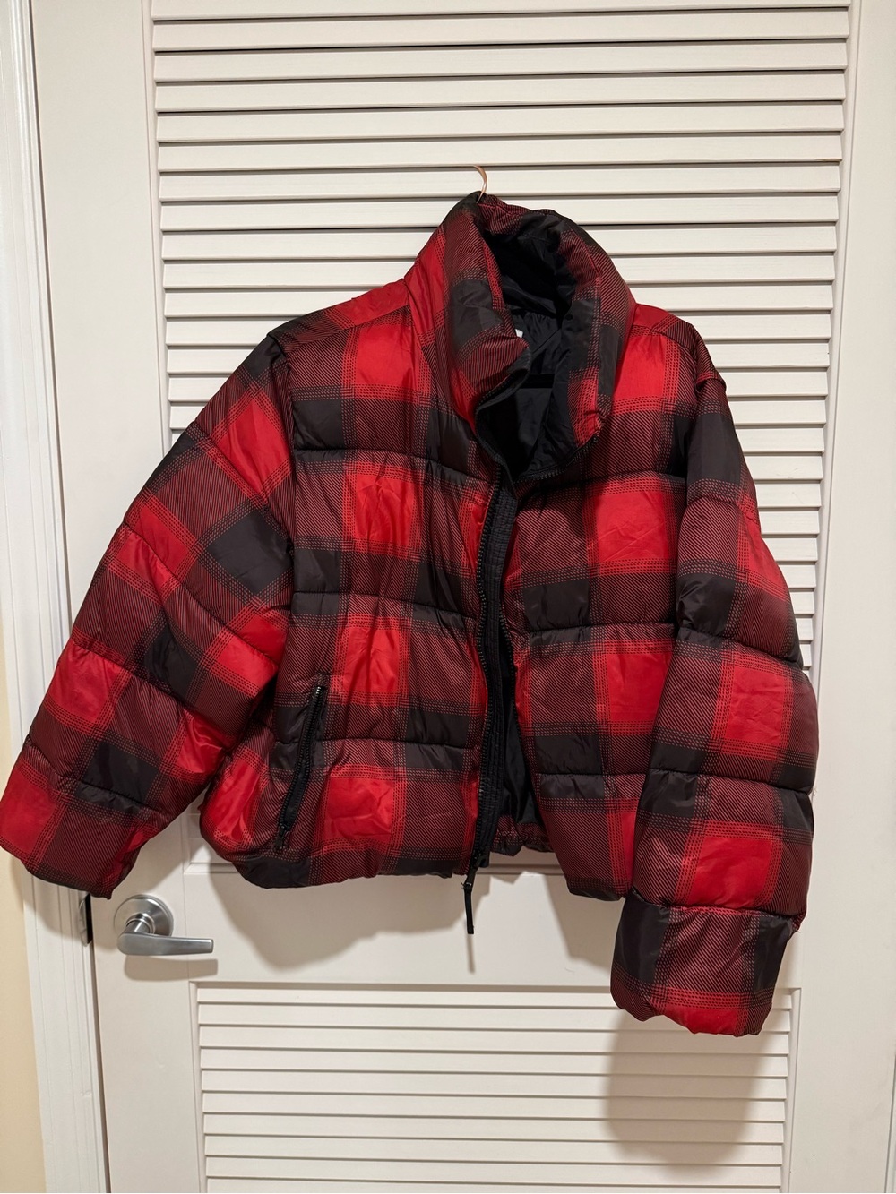 Old Navy Red and Black Plaid Puffer Jacket
